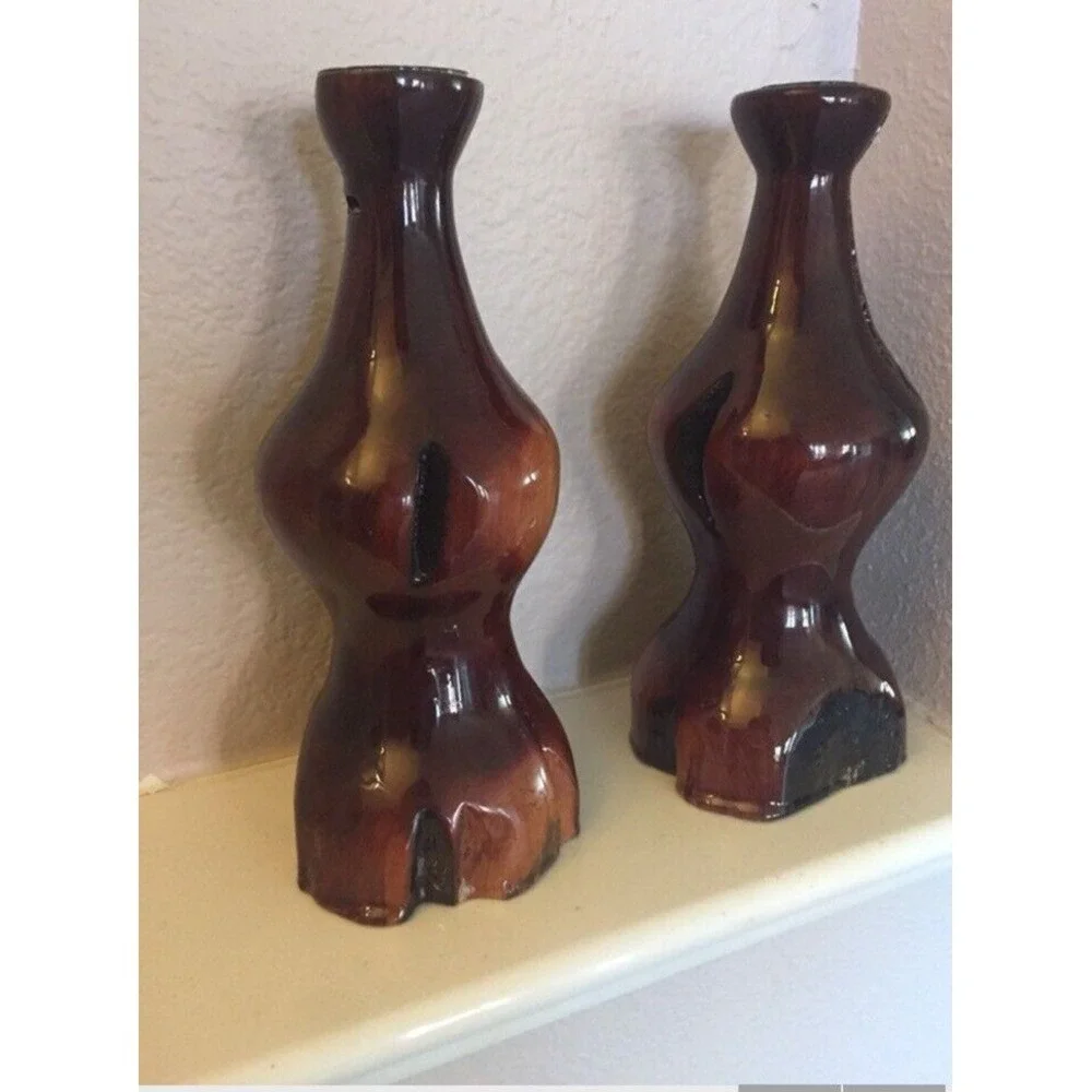 Pair Vtg Serenity Woods Turned‎ Manzanita Wood 8 In Candle Holders 2000 Signed